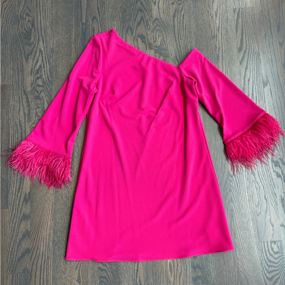 Adrianna By Adrianna Papell Off-Shoulder Hot Pink Feather Cuff Women's Dress